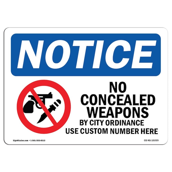 Sign, 18" H, 24" W, Rigid Plastic, NOTICE No Concealed Weapons By City Ordinance Sign, Landscape
